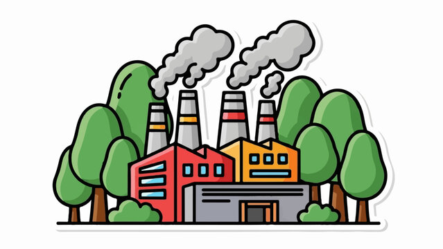 Cartoon depiction of an industrial complex with smoking chimneys and surrounding greenery