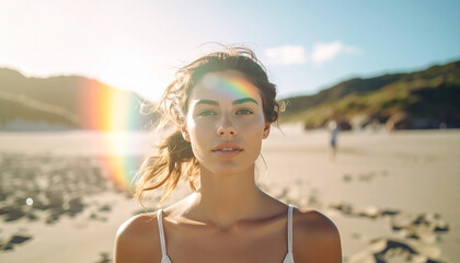 Radiant Beach Portrait: A portrait captures a young woman standing at the beach, basking in the sun's warm glow.