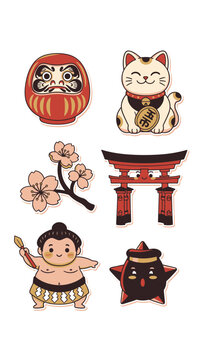 A collection of Kawaii Sticker designs featuring Japanese culture icons including a cat, torii gate, and sumo wrestler