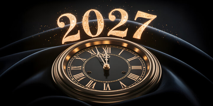 Luxury Gold Clock Illustration with 2027 New Year Theme on Black Background with Dramatic Lighting