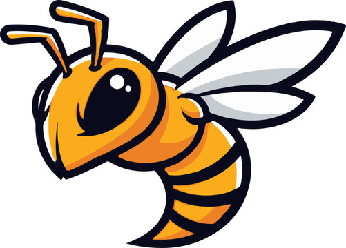 Cartoonish bee with large black eyes and yellow and black striped body