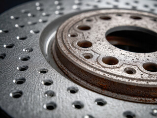Close-up of rusted metal brake rotor or disc with perforated surface texture showcasing industrial wear and corrosion details in automotive parts maintenance