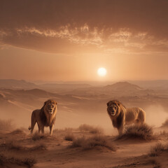 wo Male Lions Standing in Desert at Sunset
