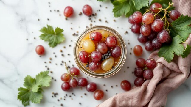 Top down view of pickled red grapes with peppercorns in a jar rotating on a marble background