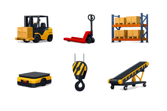 Material Handling Icons. Material handling systems: forklift, pallet jack, storage rack, automated guided vehicle, hoist pulley, conveyor loader