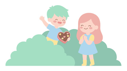 Cute cartoon boy giving a heart chocolate box to a surprised girl, isolated vector illustration for Valentine's Day romance and friendship.