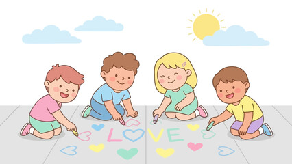 Group of Happy Children Drawing with Sidewalk Chalk Outdoors. Cute Kids Writing 'LOVE' and Hearts on Pavement. Cheerful Vector Illustration.