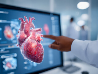 Medical professional interacting with advanced 3d digital heart model on touchscreen for innovative cardiovascular analysis in modern healthcare setting