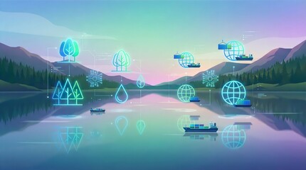 Ecology Icons Lake Landscape, Sustainable Technology