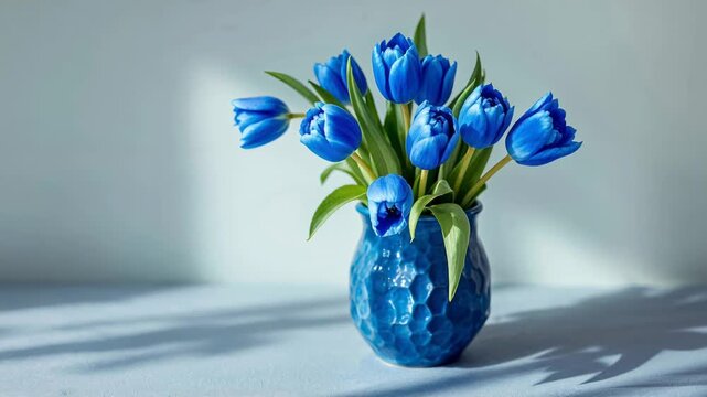 Beautiful bouquet of blue tulips in a vase rotating while light and shadows are changing