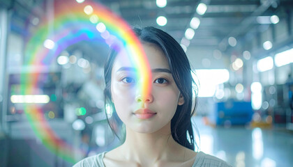 Vibrant Vision: A woman is framed against a soft background, enhanced by a halo of rainbow light, a symbol of hope and a brighter future.
