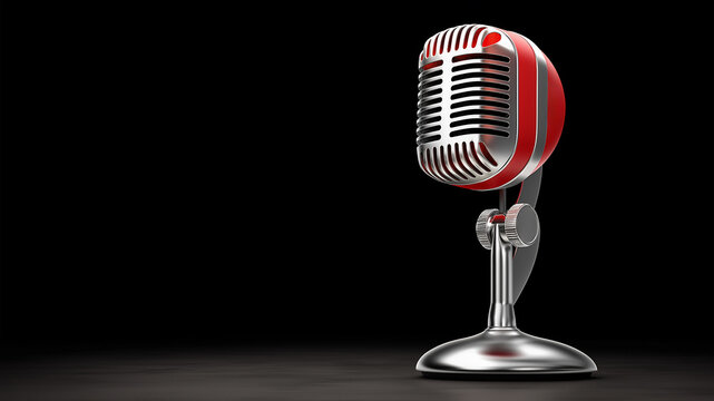 Retro red chrome microphone standing on reflective surface. Solid black background with wide copy space left side. Professional 3D rendering for podcast, radio, broadcasting, media concept.
