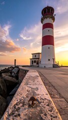 Striking red and white striped lighthouse on pier at dusk under dramatic sky, ocean view