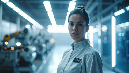 Fototapeta premium Female Technician at Factory: A focused female technician stands confidently within a cutting-edge factory setting, surrounded by advanced machinery and bathed in cool, industrial lighting.