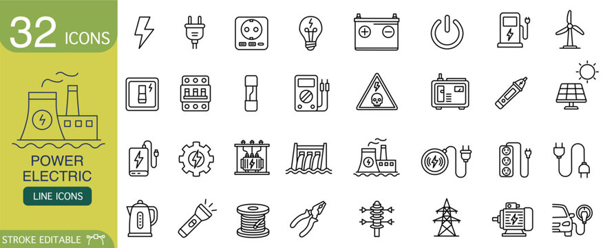 Power and electric icon set collection. Line vector symbols of energy, electricity, generator, station, battery, solar, and wind turbine for technology and industry design