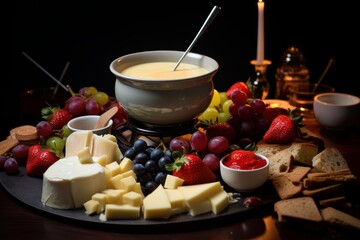 Delicious fondue set on a festive platter with cheese, grapes, strawberries, and crackers