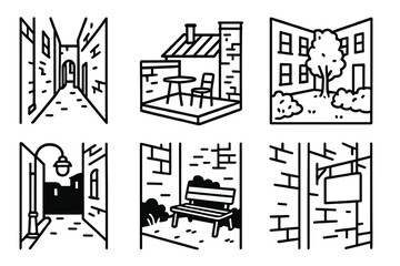 Naklejka premium Urban Iconic Corners. Urban Hidden Corners set in outline vector style: narrow passage, rooftop nook, fire escape line, quiet courtyard, dim streetlight,