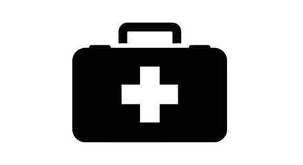 Fototapeta premium Black first aid kit icon with a white cross on a plain background.