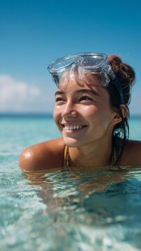 Happy tourist enjoying summer vacation swimming in crystal clear turquoise ocean water wearing diving mask and looking away, sunny day with blue sky
