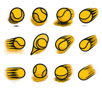 Aerial Topspin Icons. Aerial Topspin icon set in silhouette bold style. Contain tennis ball mid-flight, spinning blur trails, soft shadow sweep, subtle