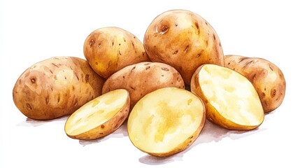 Fresh raw potatoes in watercolor illustration with some cut in half on a clean background showing their inner texture and color