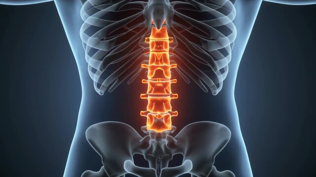 Anatomical 3D Rendering of the Human Lumbar Spine with Vertebrae Highlighted in Orange Against