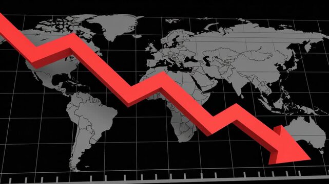Red arrow pointing downward on world map. Global financial crisis, market collapse, and economic recession concept.