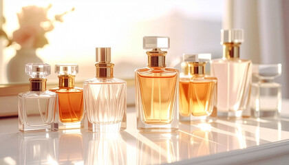 Luxury perfume bottles with golden light on elegant background