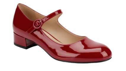 Elegant red patent leather Mary Jane shoe isolated PNG, classic footwear with buckle strap for fashion and vintage style design