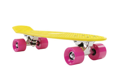 Yellow penny board with pink wheels isolated PNG, retro skateboard for cruising and street riding on transparent background © Emilija