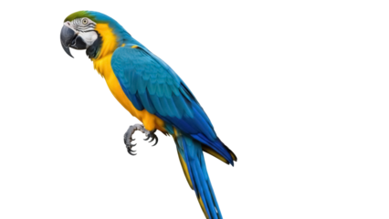 Blue and gold macaw PNG isolated on transparent background, colorful parrot with vibrant plumage for wildlife and tropical themes