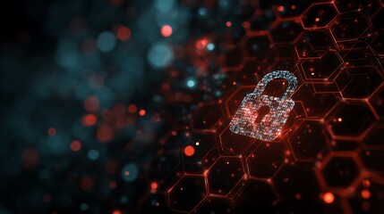 Glowing lock icon on a hexagonal pattern with red and blue bokeh effects, representing data security