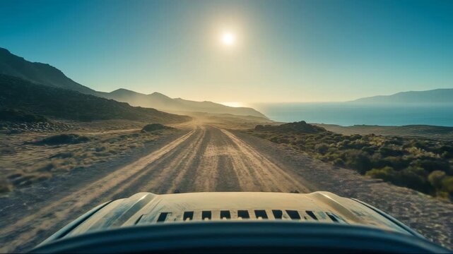 Driving on a dusty road along the coastline in the early morning light near a seaside mountain range with the sun rising in the background around an empty landscape