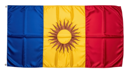 Flag of the Republic of Lakotah PNG isolated on transparent background, tricolor with blue yellow and red stripes and a brown sun emblem