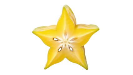 Vibrant yellow star fruit slice isolated PNG, tropical fruit with star shape on transparent background for healthy eating concepts