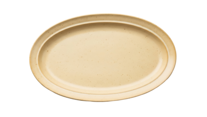 Oval beige ceramic plate isolated PNG on transparent background, speckled serving dish for food presentation and rustic table setting