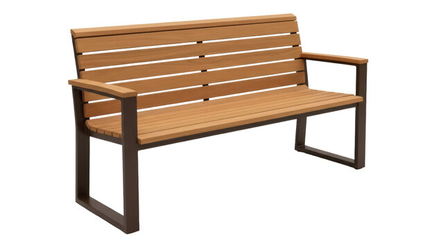 Wooden outdoor park bench PNG isolated on transparent background, modern slat bench with armrests for garden or patio furniture