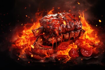 Barbecue pork ribs covered in sauce cooking over a blazing fire with red peppers