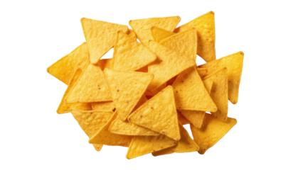 Pile of golden yellow tortilla chips isolated PNG, crunchy snack food for parties and gatherings on transparent background