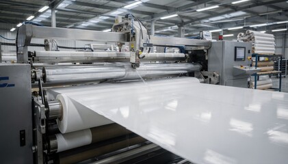 Dynamic medium shot capturing the precise PU coating process on fabric rolls highlighting advanced machinery in a spacious manufacturing setting.