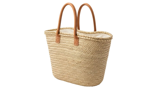 Woven straw tote bag with leather handles isolated PNG, stylish summer accessory for beach trips and shopping on transparent background