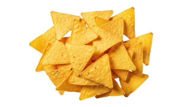 Pile of golden yellow tortilla chips isolated PNG, crunchy snack food for parties and gatherings on transparent background