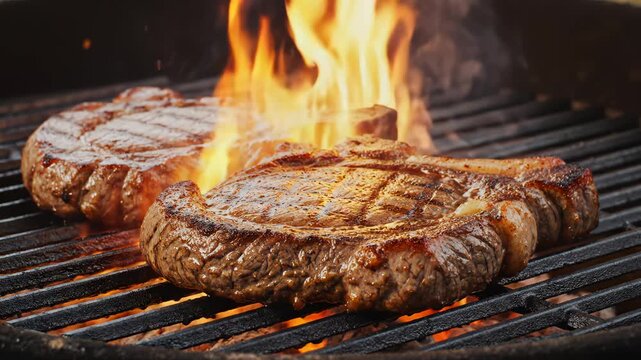 Steaks Grilling on Open Flame