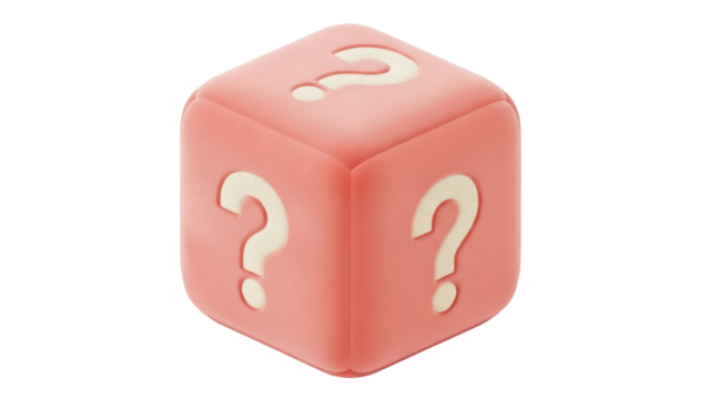 Pink cube with question marks isolated PNG on transparent background, 3D rendering of a box with question marks for games and learning - Powered by Adobe