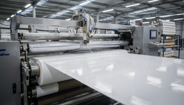 Dynamic medium shot capturing the precise PU coating process on fabric rolls highlighting advanced machinery in a spacious manufacturing setting.
