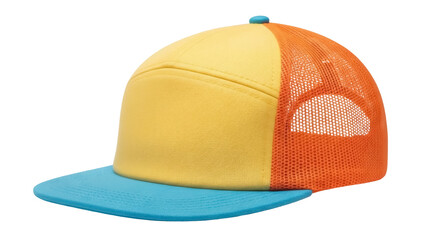 Fototapeta premium Colorful yellow and orange trucker hat PNG isolated on transparent background, stylish summer headwear for fashion and outdoor activities