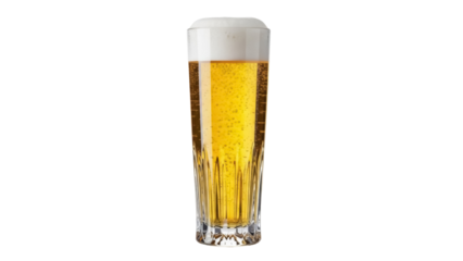 Refreshing pilsner beer in tall glass isolated PNG, golden lager with foam on transparent background for summer refreshment