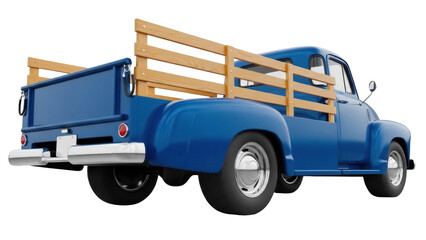 Classic blue pickup truck PNG isolated on transparent background, vintage vehicle with wooden bed for transportation and automotive design © Emilija