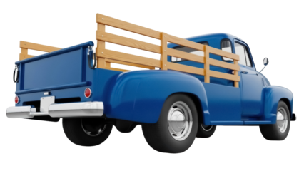 Classic blue pickup truck PNG isolated on transparent background, vintage vehicle with wooden bed for transportation and automotive design