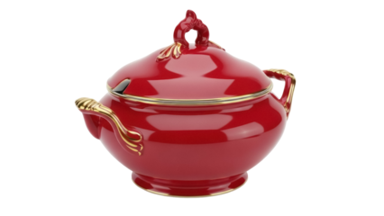 Elegant red soup tureen with gold accents isolated PNG, vintage serving dish for formal dining and special occasions